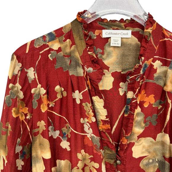 Coldwater Creek Red Floral Print Cotton Silk Blend Long Sleeve Lightweight Top - Picture 7 of 13